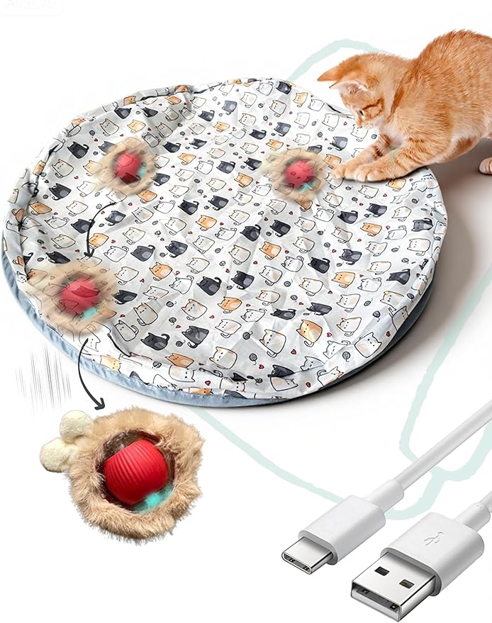 Interactive Cat Toy with Moving Ball, USB Rechargeable Undercover Hide and Seek Mat for Indoor Cats & Kittens, Automatic Exercise & Entertainment Play Pad