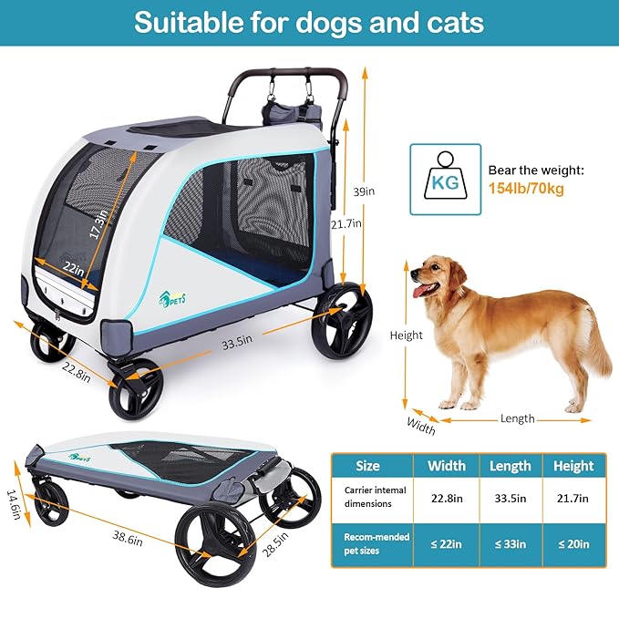 Ownpets Extra-Large Dog Stroller for Large Dogs Up to 154lbs, with Hanging Storage Bag, Foldable Dog Wagon with Adjustable Handle & Breathable Mesh, 4 Wheels Pet Stroller