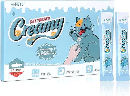 M-PETS Rich Salmon & Omega-3 Lickable Cat Treat – 20 Tubes of Healthy Squeeze Up Creamy Snacks with Functional Nutrients & Beta-Carotene for Immune, Skin & Coat Support – Grain Free, High Protein
