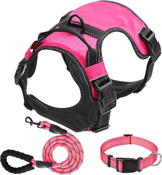 Dog Harness Set, No Pull Dog Vest Harness and 5ft Leash & Collar for Small Medium Sized Large Dog Cat,Adjustable Soft Nylon Padded Dog Vest Reflective Front Clip Vest with Easy Handle -Pink L