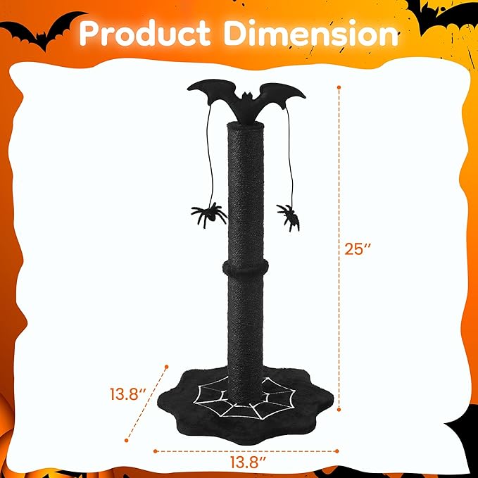Gothic Cat Scratching Post, Sisal Cat Scratcher with Interactive Hanging Spider Toys, Monster Scratch Pole for Indoor Cats, Halloween Cat Scratch Post for Large Cats, Black