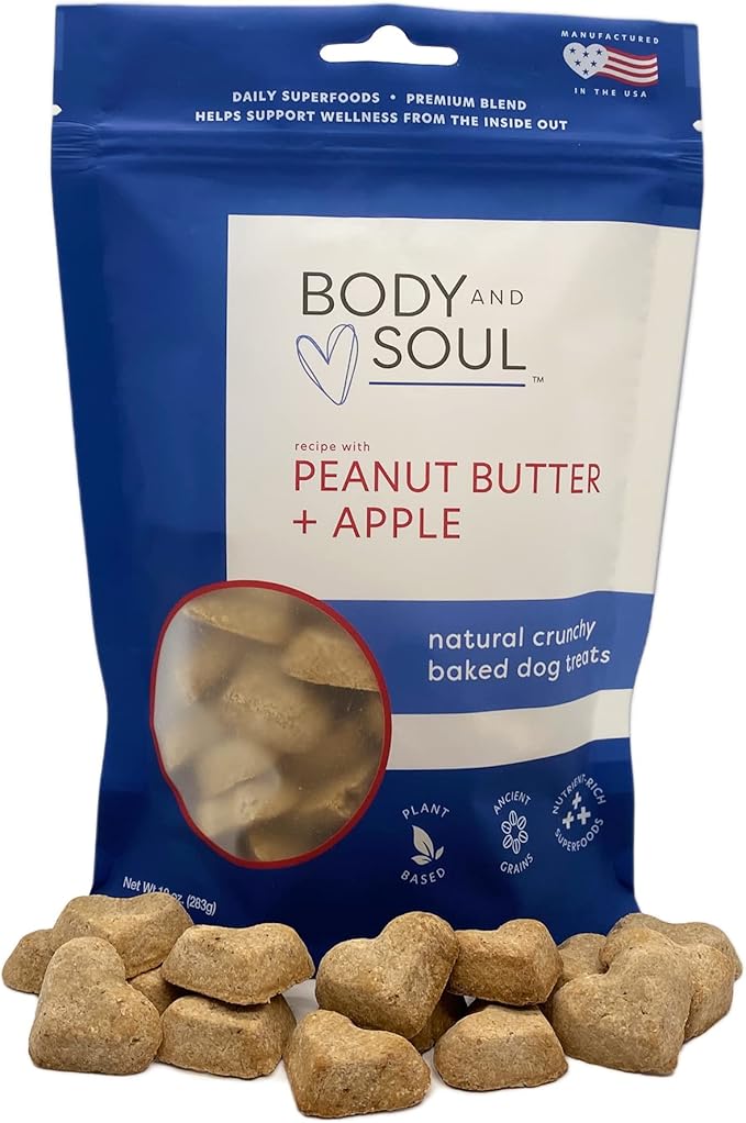 Body and Soul Peanut Butter + Apple Crunchy Dog Treats – Superfood Biscuits Baked with Oats, Barley & Quinoa – All-Natural Plant Based Clean Protein, No Additives or Fillers – Made in USA, 10oz