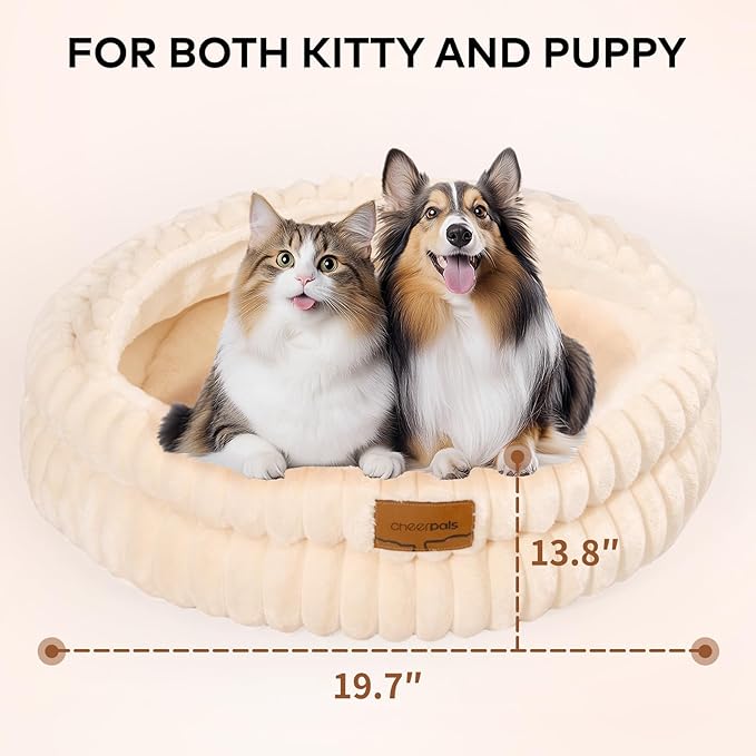 CHEERPALS Cat Bed for Indoor Cats, Washable Round Cat Bed Soft Fluffy Pet Bed for Kitty, Puppy and Small Dog(White)