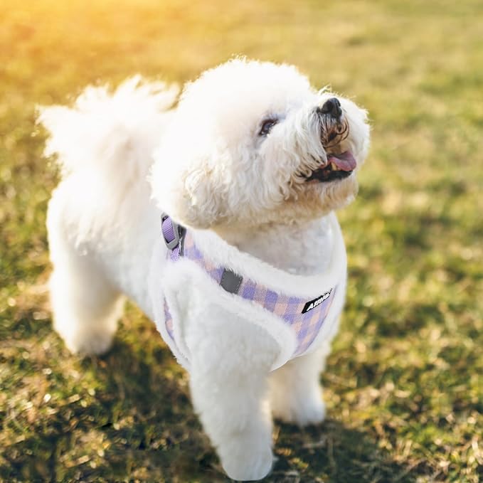 AIITLE Reflective Plush Dog Winter Harness and Leash Set - Breathable Plaid Dog Vest Warm Dog Harness - Fleece Lined Dog Vest for Cold Weather, Easy to Put on Small and Medium Dogs Purple S