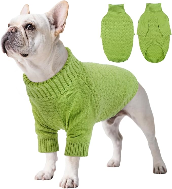 Kuoser Dog Sweaters for Medium Dogs Girl Boy, Solid Turtleneck Pullover Dog Sweater for Christams Holiday, Thick Warm Winter Fall Knitwear Half Sleeve Pet Sweater Outfit, Green M