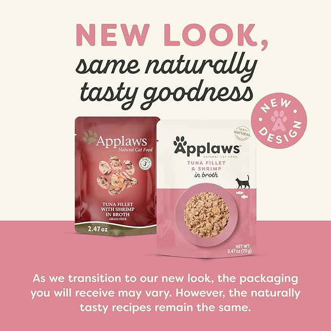 Applaws Natural Wet Cat Food in Broth, Limited and Natural Ingredients, High Protein with No Artificial Additives, Tuna Fillet & Shrimp in Broth (12 x 2.47oz Pouches)