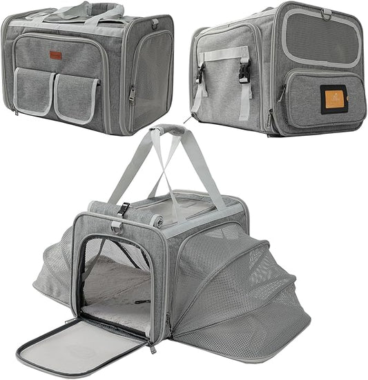 Dog Carrier Cat Carriers Grey Soft Pets Bag Airline Approved Dog Carrier for Small Dogs Carrier,2 Sides Expand,Stylish Rabbit Bunny Pets Carriers Travel Outdoor Carry Kennel
