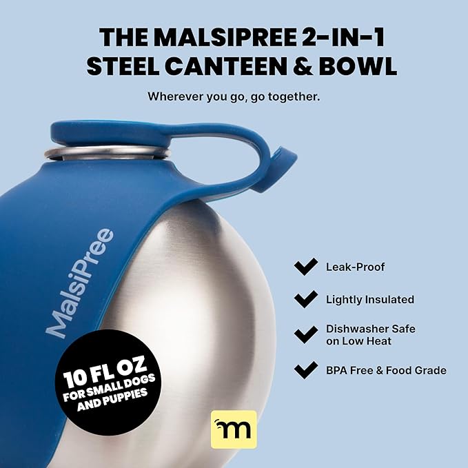 Malsipree 2-in-1 Portable Dog Water Bottle & Bowl for Small Dogs - Leak Proof & Insulating - Travel Water Dispenser - Stainless Steel Bottle & Silicone Bowl - Walking & Hiking (10 fl oz, Navy)
