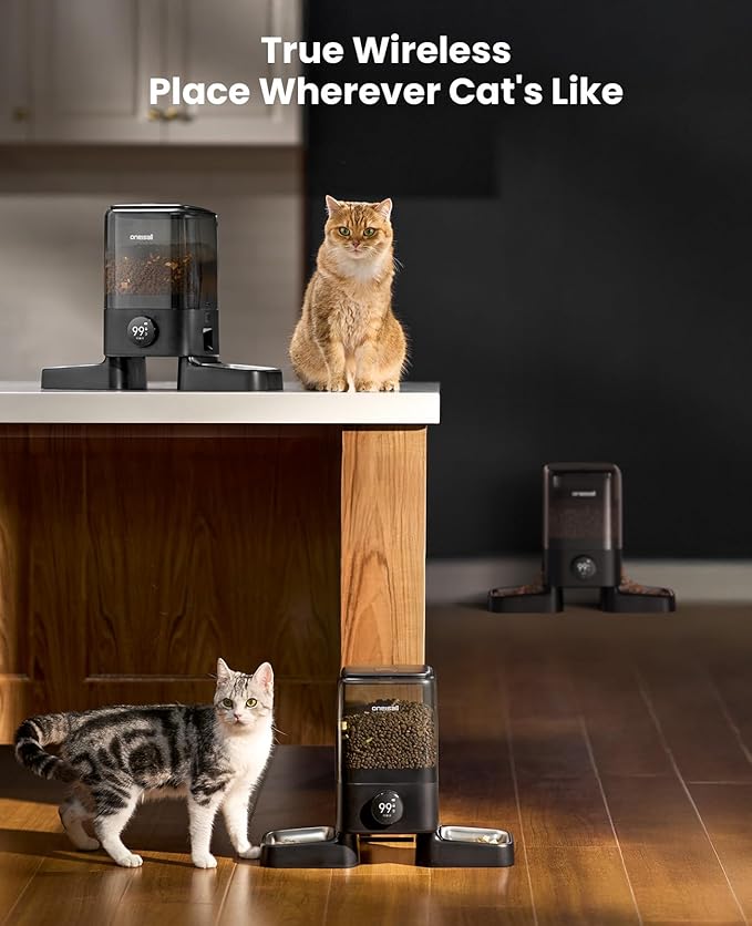 oneisall Cordless WiFi Automatic Cat Feeders 2 Cat, Rechargeable 100-Day Battery Operated Timed Cats Feeder, 20 Cups/5L Cats Food Dispenser Automatic for Large Kibble, Smart App Control.