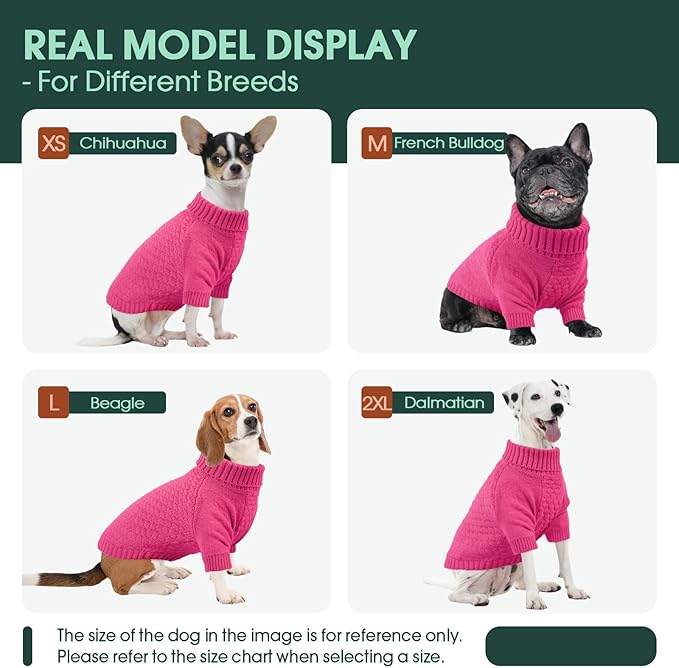 Kuoser XS Dog Sweater, Warm Winter Fall Puppy Sweaters for Extra Small Dogs Boy Girl, Solid Pullover Turtleneck Knit Sweater Thick Long Sleeve Clothes for Christmas Holiday, Rose XS