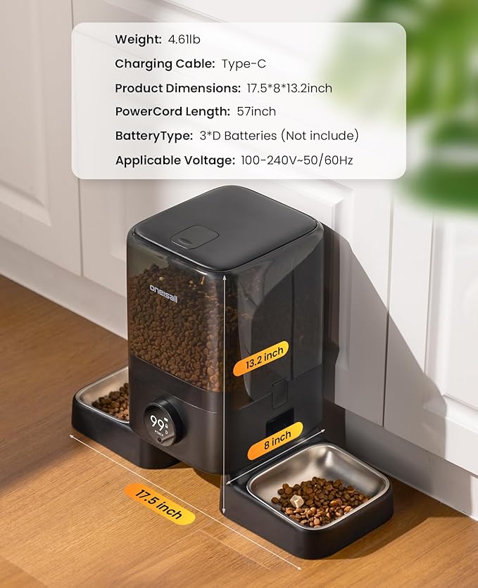 oneisall Cordless WiFi Automatic Cat Feeders 2 Cat, Rechargeable 100-Day Battery Operated Timed Cats Feeder, 20 Cups/5L Cats Food Dispenser Automatic for Large Kibble, Smart App Control.