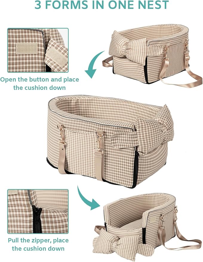Dog Car Seat for Small Dogs,Center Console Seat for Puppy,Anti-Collapse Pet Car Seat with Soft Cushion Safety Belt, Portable Car Armrest Seat for Dog & Cat Under 15 lbs (Grid-Brown)