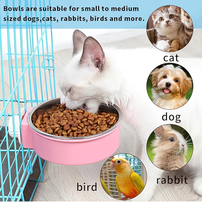 2Pcs Pets Lightweight Stainless Steel Bowl,Removable Stainless Steel Pet Hanging Food Water Feeder Bowl Cage Coop Cup for Puppy Medium Dog Cat Rabbit Ferret Bird Gunea Pigs (Blue, M)
