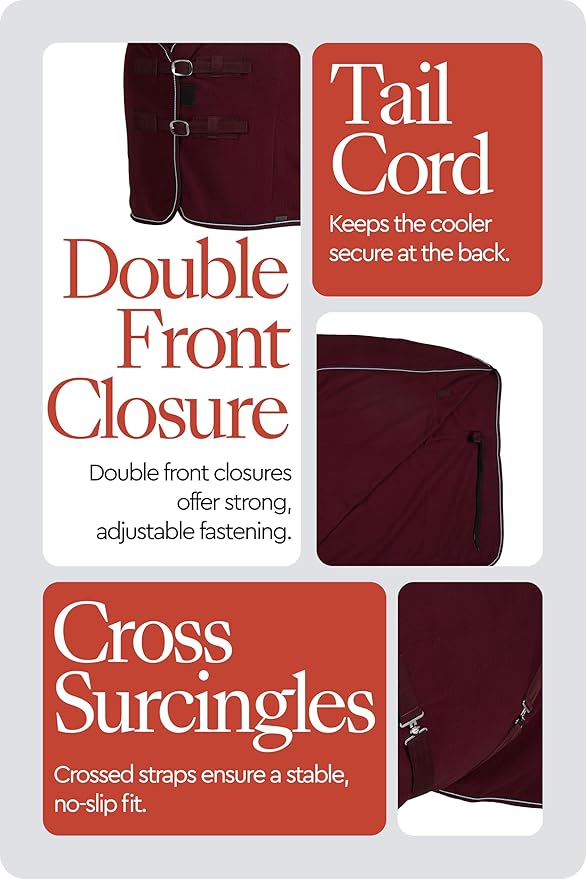HORZE Kiel Fleece Horse Cooler Blanket | Quick-Dry Fleece Horse Cooler Sheet with X-Surcingles & Tail Cord - Dark Red - 72 in