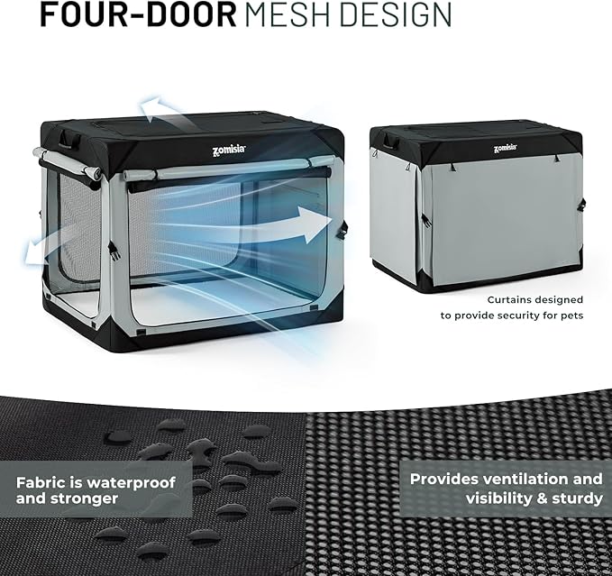Collapsible Dog Crate for Large Dogs - Portable Dog Travel Crate 36 Inch Soft Sided with Mesh Windows and 3-Door Curtains, Foldable Dog Kennel for Indoor and Outdoor, Grey