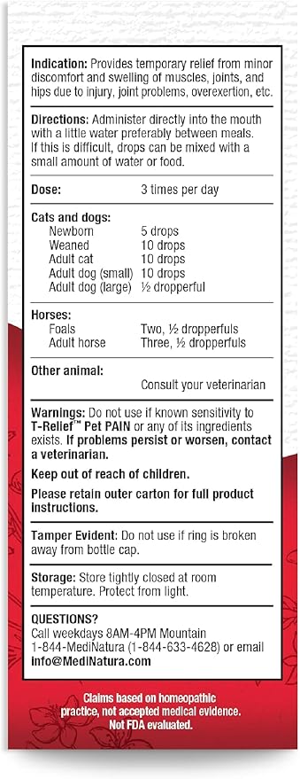 T-Relief Pet Pain Relief Drops Arnica +12 Powerful Natural Medicines Help Reduce Muscle Joint & Hip Pain Soreness Stiffness Injuries in Dogs & Cats - Fast-Acting Soother - 1.69 oz