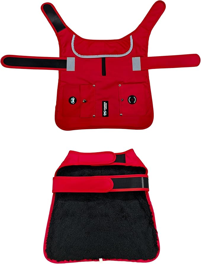 Joyride Harness FrostFlex Dog Winter Jacket - Fleece Lined & Water-Resistant - Snowsuit with Pockets for Treats & Poop Bags - Durable Cold Weather Dog Coat - Red Rush-XXL