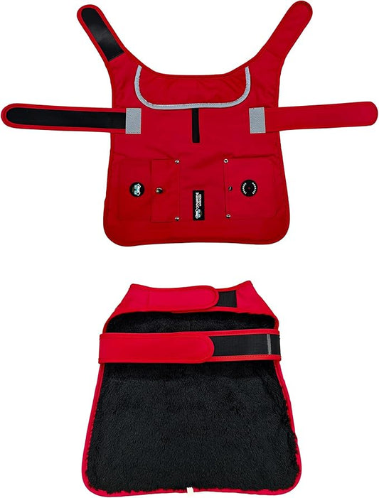 Joyride Harness FrostFlex Dog Winter Jacket - Fleece Lined & Water-Resistant - Snowsuit with Pockets for Treats & Poop Bags - Durable Cold Weather Dog Coat - Red Rush-L