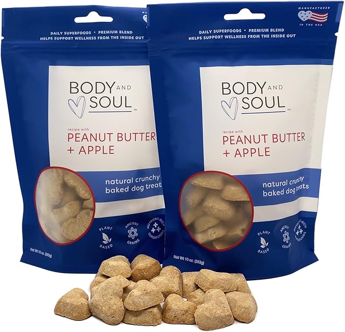 Body and Soul Peanut Butter + Apple Crunchy Dog Treats - Superfood Biscuits Baked with Oats Barley & Quinoa - All-Natural Plant Based Clean Protein, No Additives or Fillers - Made in USA 2 Pack (20oz)