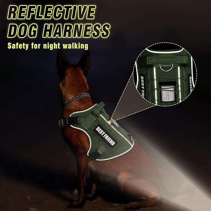 Tactical Dog Harness for Large Dogs,No Pull Military Dog Vest with Handle,Reflective Heavy Duty Pet Harness for K9 Working Walking Hiking Training Green XL
