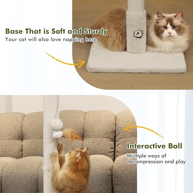 34‘’ Tall Cat Scratching Post with Premium Sisal Rope for Indoor Scratcher Post Tree for Indoor Cat Toy with Mouse Hole, Hanging Ball for Adult Cats and Kittens(Beige)