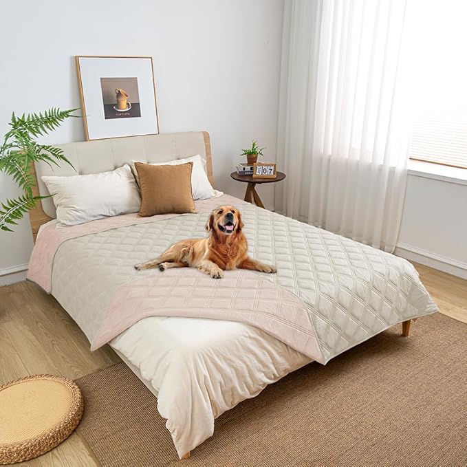 fuguitex Waterproof Dog Blanket Reversible for Small Dogs Resistant Leakproof Washable Couch Cushion Bed Protector Cover for Indoor Furniture Pet Friendly（82"*82",Baby Pink+Cream