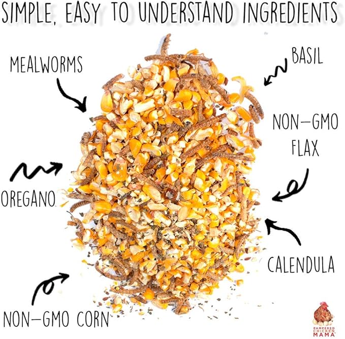 Pampered Chicken Mama Non-GMO Mealworm, Corn, Flax, & Herb Treat for Backyard Chickens, Healthy Layer Feed & Supplies for Pet Chickens Poultry Queen Treat for Hens (3 pounds)