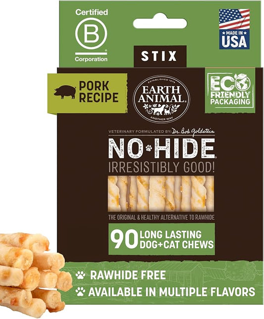 Earth Animal No Hide Stix - Long Lasting Rawhide Free Small Dog Chews Sticks, Pork - 90 Count