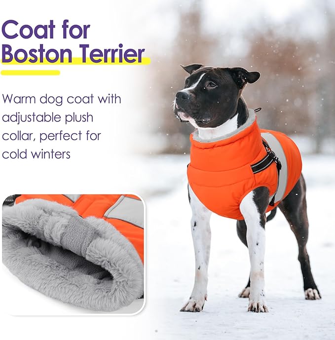 SUNFURA Dog Jacket, Large Dog Coat with Harness Built in, Warm Pet Winter Jacket Zippered Snow Coat with Furry Collar, Waterproof Fleece Snowsuit for French Bulldog, Orange L