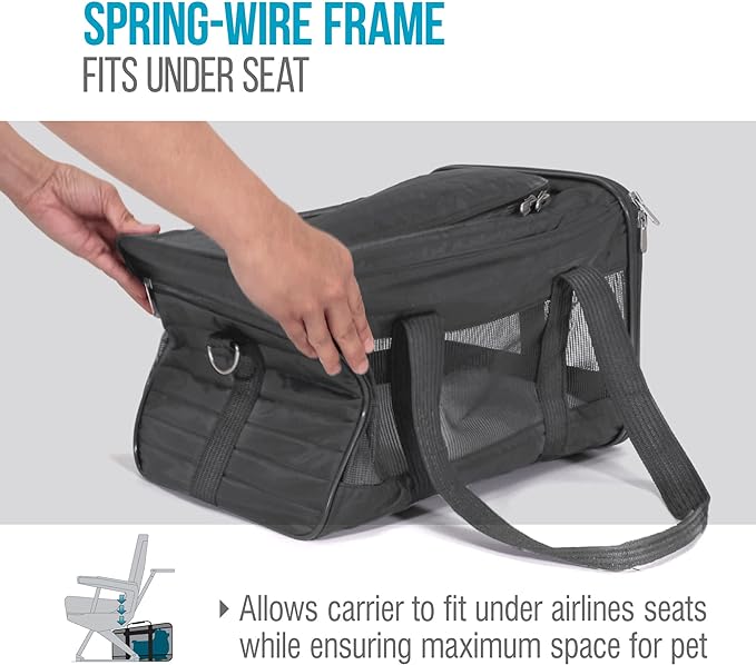Sherpa Pet Carrier Airline Approved with Spring Wire Frame - Cat & Dog Carrier for In-Cabin Travel, Mesh Ventilation, Locking Zippers - Charcoal Grey, Large