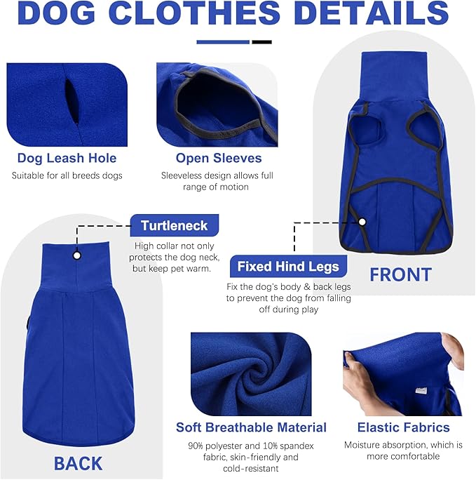 ROZKITCH Turtlenck Dog Pajamas for Medium Dogs, Pet Windproof Warm Cold Weather Jacket Vest Cozy Jumpsuit Apparel Outfit Clothes for Walking Hiking Travel Sleep Blue M