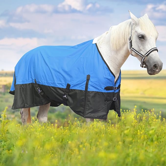 600 Denier Rip-Stop Horse Rain Sheet Lightweight Waterproof and Breathable Turnout Horse Blanket (No Fill) RoyalBlue/Black 72