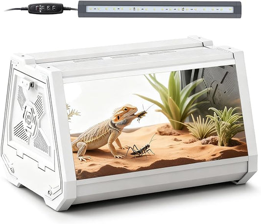 Reptile Terrarium,Anti-Breakage Lizard Cage, High-Transparency Viewing Window,Dual-Side Escape-Proof Doors,Integrated Lighting,Ideal for Mini Gecko,Insect,Tarantula,Frog，White