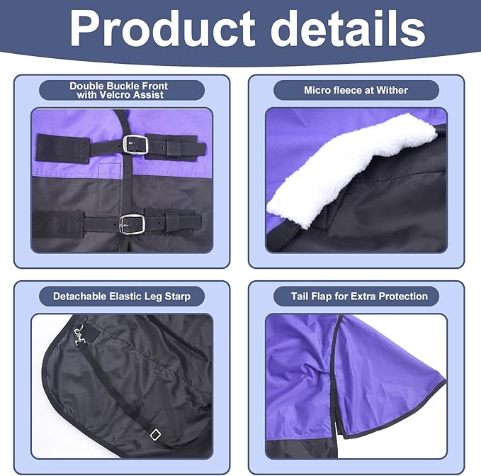 600 Denier Rip-Stop Horse Rain Sheet Lightweight Waterproof and Breathable Turnout Horse Blanket (No Fill) Violet/Black 78