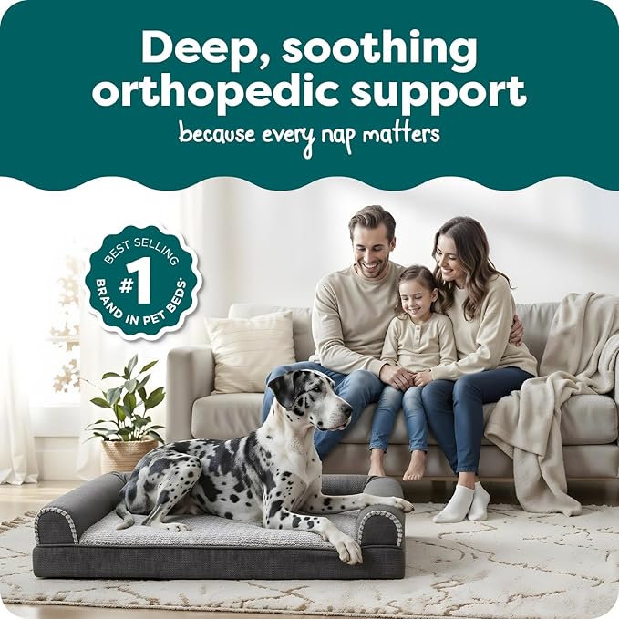 Furhaven Orthopedic Dog Bed for Large Dogs w/ Removable Bolsters & Washable Cover, For Dogs Up to 125 lbs - Luxe Faux Fur & Performance Linen Sofa - Charcoal, Jumbo Plus/XXL