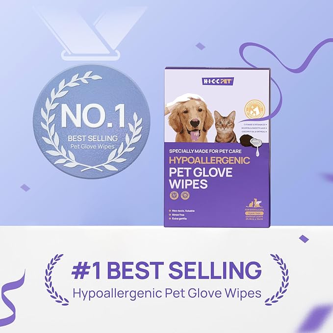 HICC PET Cleaning Deodorizing Glove Wipes for Dogs & Cats, Vet Recommended Hypoallergenic Hydrating & Nourish Fur Pet Grooming Glove Wipes, Pet Bathing Wipes for Horse Coat Care, 6pcs Verbena Scent