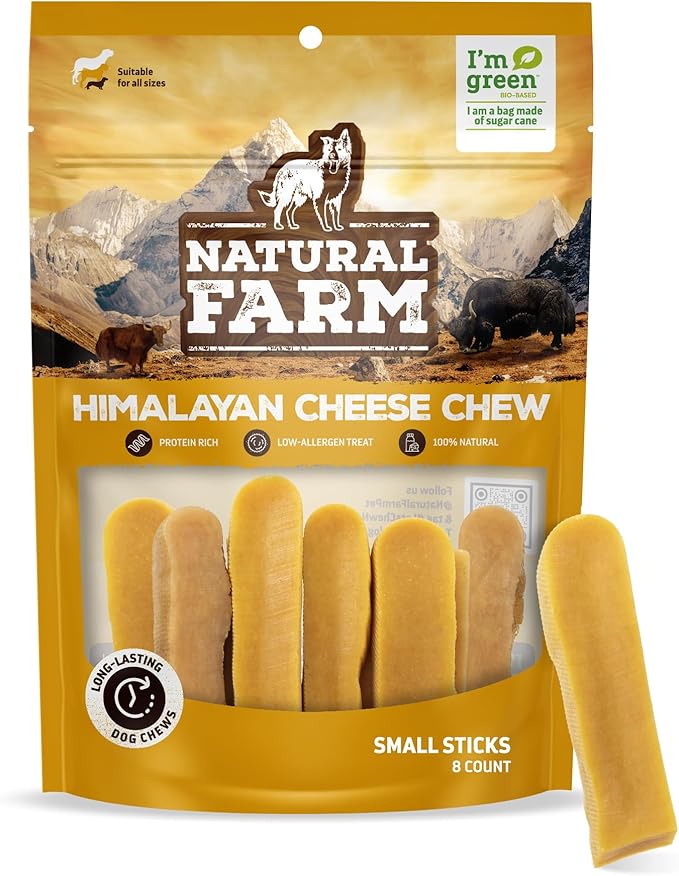 Natural Farm Himalayan Yak Cheese Chews, Protein-Rich, Low-Allergen, Lactose-Free, Gluten-Free, 100% Natural - Small, 8 Pack