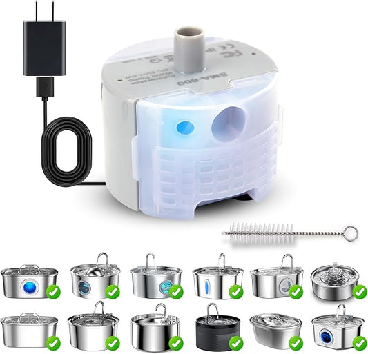 Cat Water Fountain Pump, Pet Water Fountain Replacement Pump SMA-800 Submersible Motor for Stainless Steel Indoor Cat Fountain Pump Replacement(Bottom pumping With Adapter&Brush)