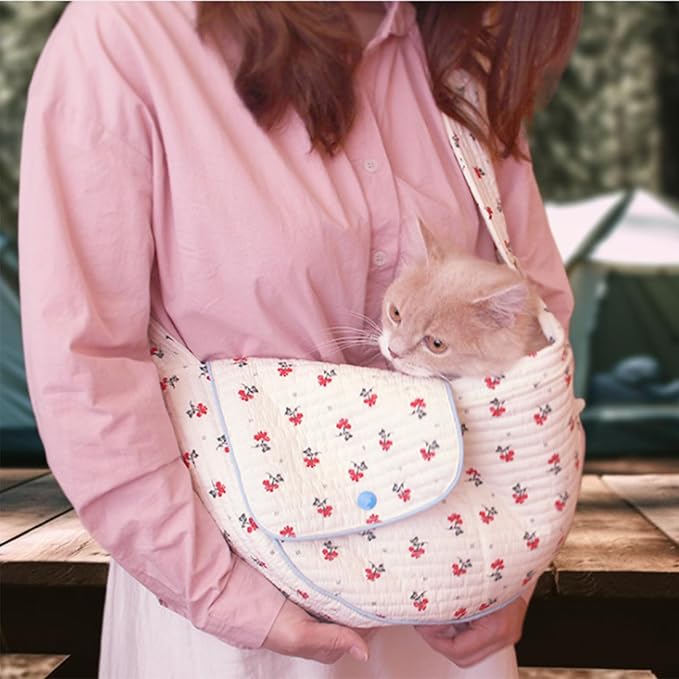 Floral Pet Carrier Sling, Breathable Cotton Dog Purse Carrier, Hand-Free Travel Puppy Purse for Small Dog 5-15 lbs, Cat Sling Chest, Per Mom Dad Gifts(White, Large)