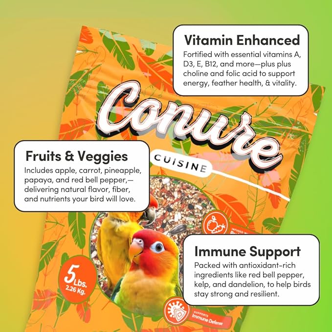 Mycelium Organic Conure Cuisine (5 LB Bag) | Fruit & Veggie Bird Seed w/Added Vitamins | Balanced Daily Nutrition for Immunity & Feather Health | Non-GMO, No Fillers or Additives, Made in USA