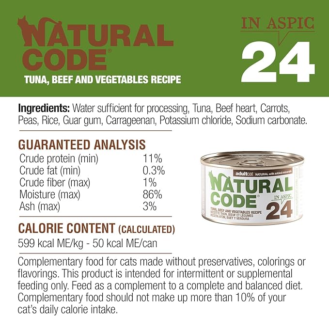 Natural Code Limited Ingredient Wet Cat Food Topper, High Protein, Low Fat, Additive-Free, Non-GMO, No Artificial Colors or Flavors, Tuna, Beef & Vegetables in Aspic for Adult Cats 24 Pack of 3oz Cans