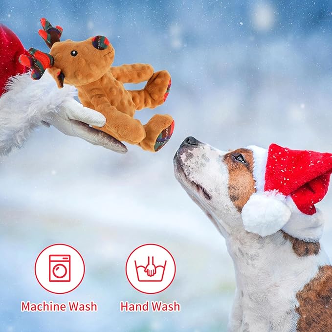 Rypet Christmas Reindeer Dog Toys Durable Plush Dog Toys with Crinkle Paper Interactive Dog Stuffed Squeaky Toys for Puppy Medium Small Dogs Cleaning Teeth and Relieving Anxiety