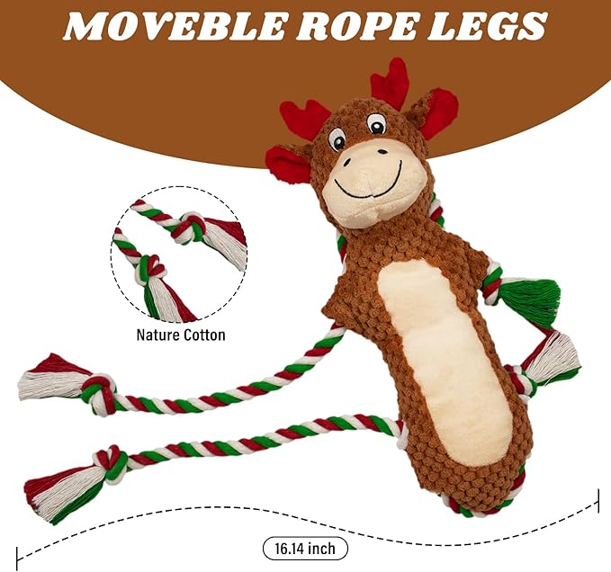 Christmas Squeaky Reindeer Dog Toys-Tug of War Dog Toy for Puppy- Keep Them Busy and Entertained- Interactive Pet Toys for Small & Medium Breeds