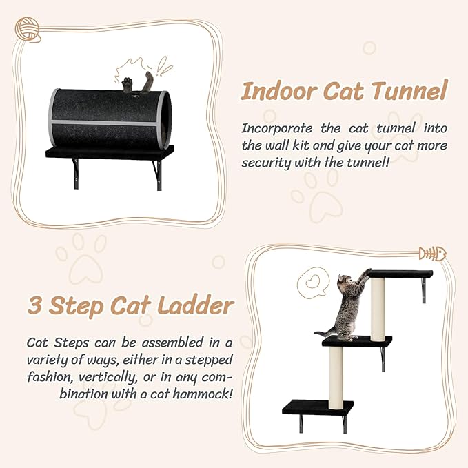 7-in-1 Wall Mounted Cat Climber Set, Cat Furniture with House, Tunnel, Bridge, Steps, Scratcher, Hammock, Shelves for Indoor, Black