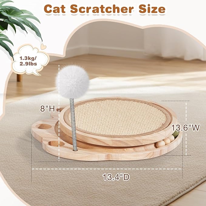 Cat Scratcher with Natural Sisal Pad, 3-in-1 Cat Scratching Board, 2-Tier Kitten Toys with Wooden Ball Track & Spring Ball -No Assembly Cats Activity Center, for Indoor and Outdoor
