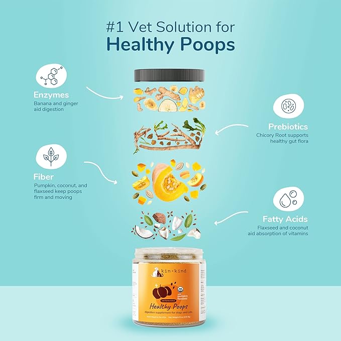 kin+kind Organic Pumpkin Powder for Dogs & Cats for Healthy Poop - Made in USA - Natural Pumpkin Powder Formula w/Flax Seed, Ginger, Turmeric & Coconut - Nutritional Supplement - Large 8oz