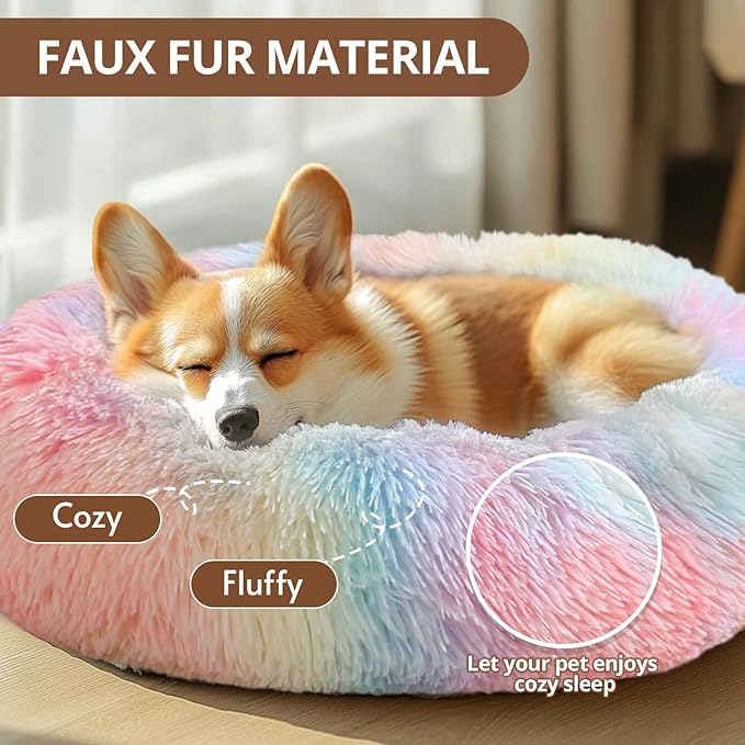 JOLLYVOGUE Medium Calming Dog Bed, Anti-Anxiety Donut Cuddler Cat Bed with Anti-Slip Bottom, Fluffy Faux Fur Machine Washable Pet Cushion for Medium Large Dog & Cat, 31"/Rainbow