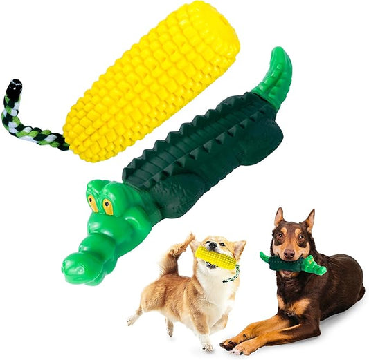 Dog Chew Toys for Aggressive Chewers 2 Pack, Cartoon Alligator and Corn-Shaped Squeak Interactive Dog Toys, Heavy Duty Rubber Chew Toy, Durable Dog Toys for Medium and Large Dog Breeds.