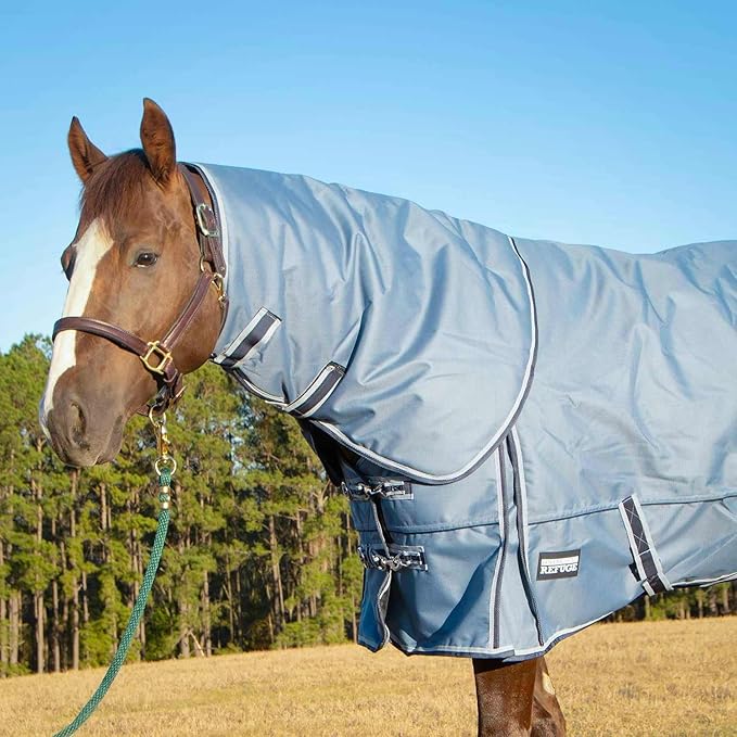 Jeffers Poplar Head Refuge 1200D Waterproof Horse Turnout Blanket, Detachable Neck, 360g Insulation, Winter Stable Sheet, Windproof, Heavy Duty Equine Rug for Cold Weather, Hamilton Blue, 72"
