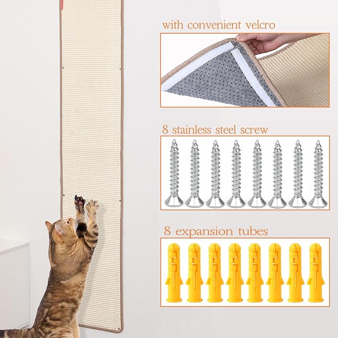 66.93x13.38x0.32 inch Thickened Cat Wall Scratcher Carpet, Cat Climbing Wall, Durable Cat Wall Furniture, Tall Cat Scratching Post, Wall Scratchers for Indoor Cats Sofa Protector (Beige-Velcro Strap)